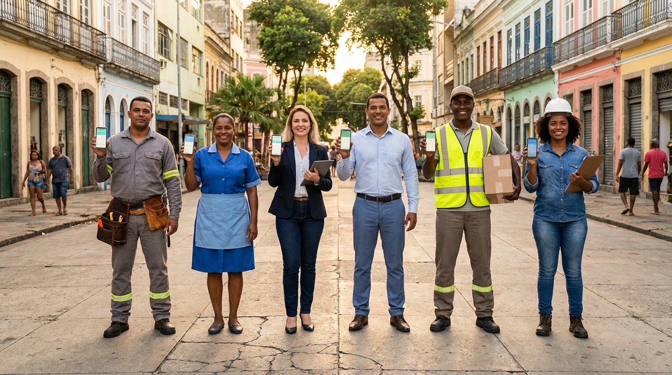 Profissionais diversos em campo usando Contele Teams